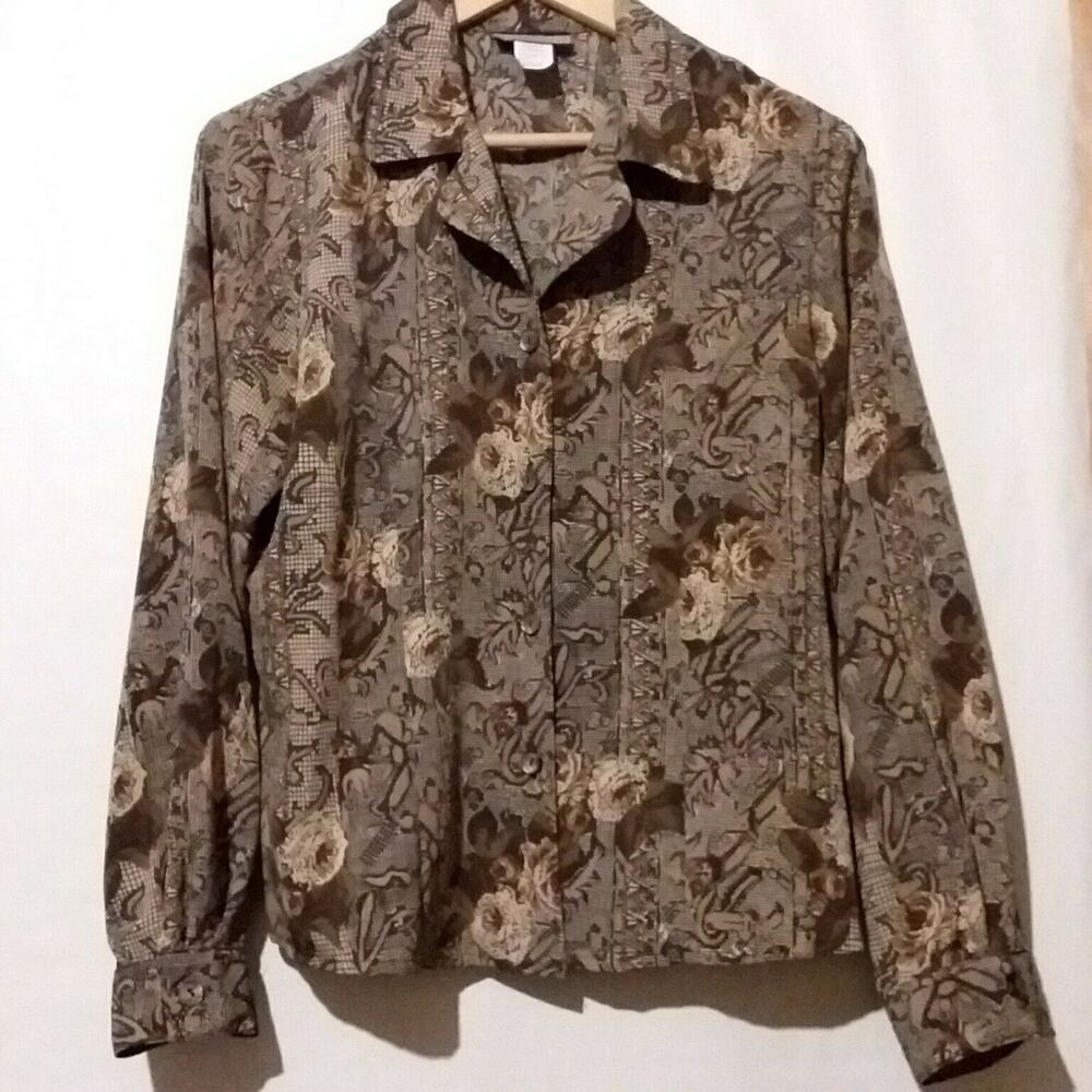 VTG Notations Brown Floral Button Down Top Size 8